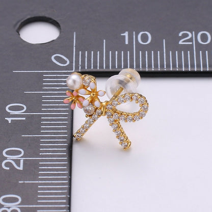 Gold Bow Earrings- 24k Gold Tiny Dainty Small Bow White CZ Gem Minimalist Jewelry Studs for Women Q-384 Q-385