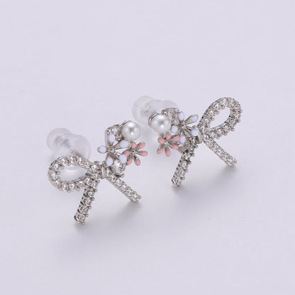 Gold Bow Earrings- 24k Gold Tiny Dainty Small Bow White CZ Gem Minimalist Jewelry Studs for Women Q-384 Q-385