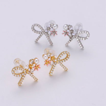 Gold Bow Earrings- 24k Gold Tiny Dainty Small Bow White CZ Gem Minimalist Jewelry Studs for Women Q-384 Q-385