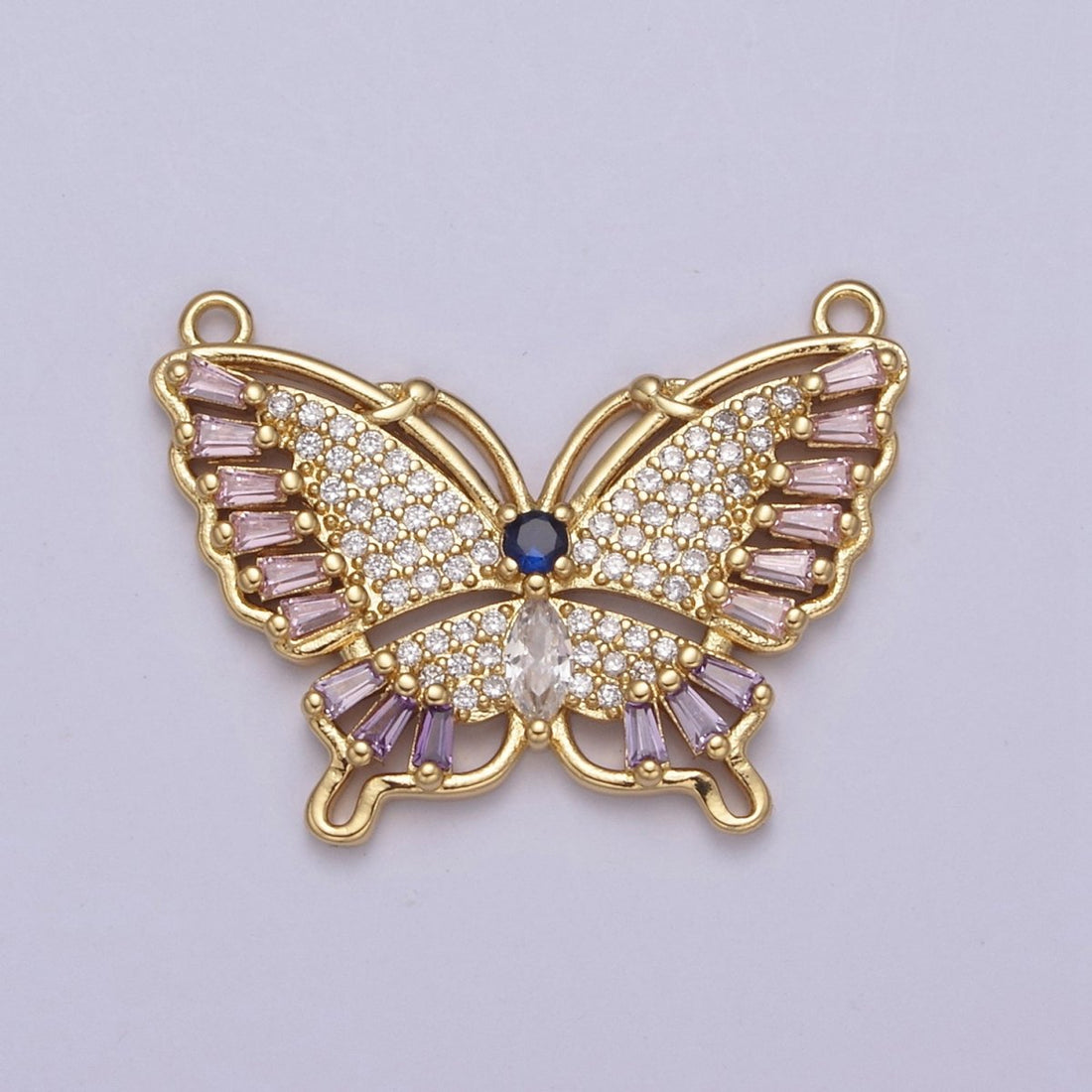Gold Butterfly Cubic Zirconia Pavé with 2 Loops Cubic Clear CZ Gold Mariposa Charm Connector Y-447