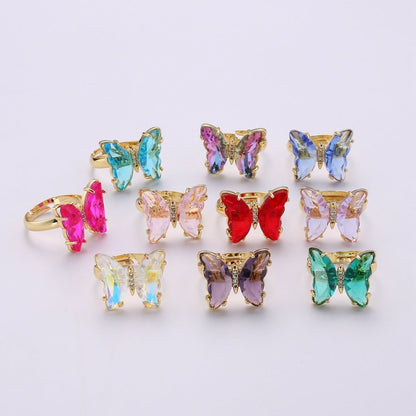 Gold Butterfly Ring Adjustable Ring Colorful Red Pink Purple Green Blue butterfly rings for Valentine Gift Jewelry R-163~R-172
