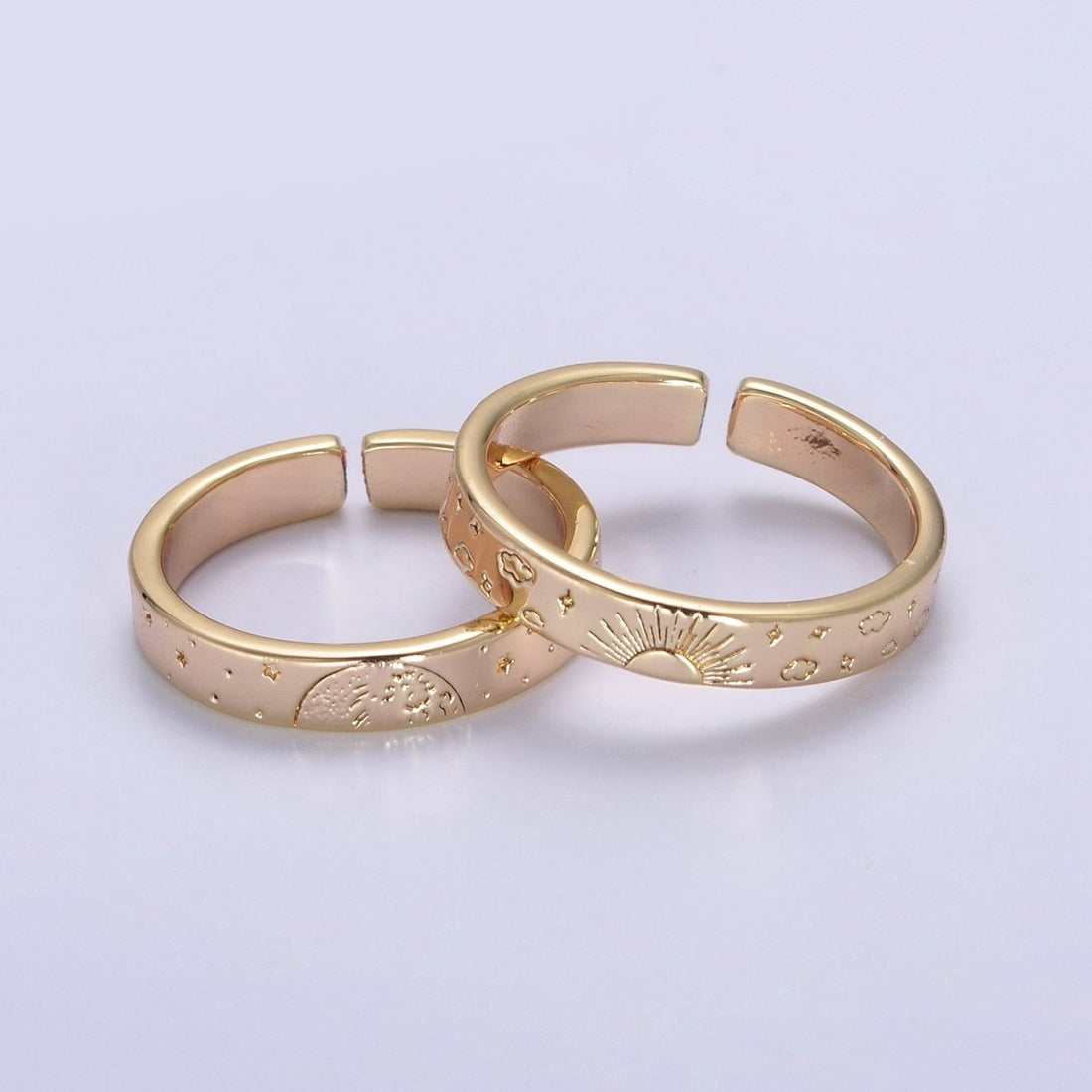 Gold Celestial Astronomy RING SET, Engraved Sun &amp; Moon &amp; Stars Gold Band Rings, 16K Gold Filled Adjustable Rings U-442
