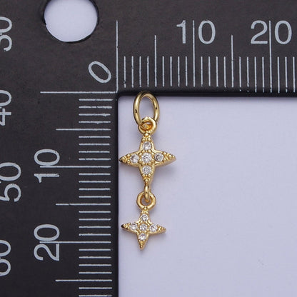 Gold Celestial Double Stars Micro Paved Cubic Zirconia Charm For DIY Jewelry Making | X-720