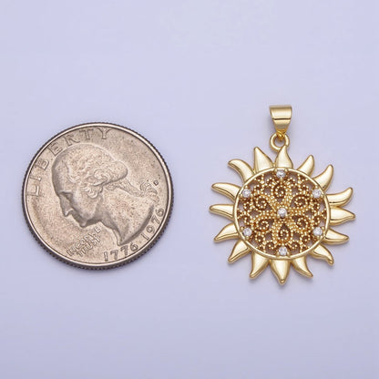 Gold Celestial Shinning Sun Filigree Beaded Clear CZ Pendant | AA157