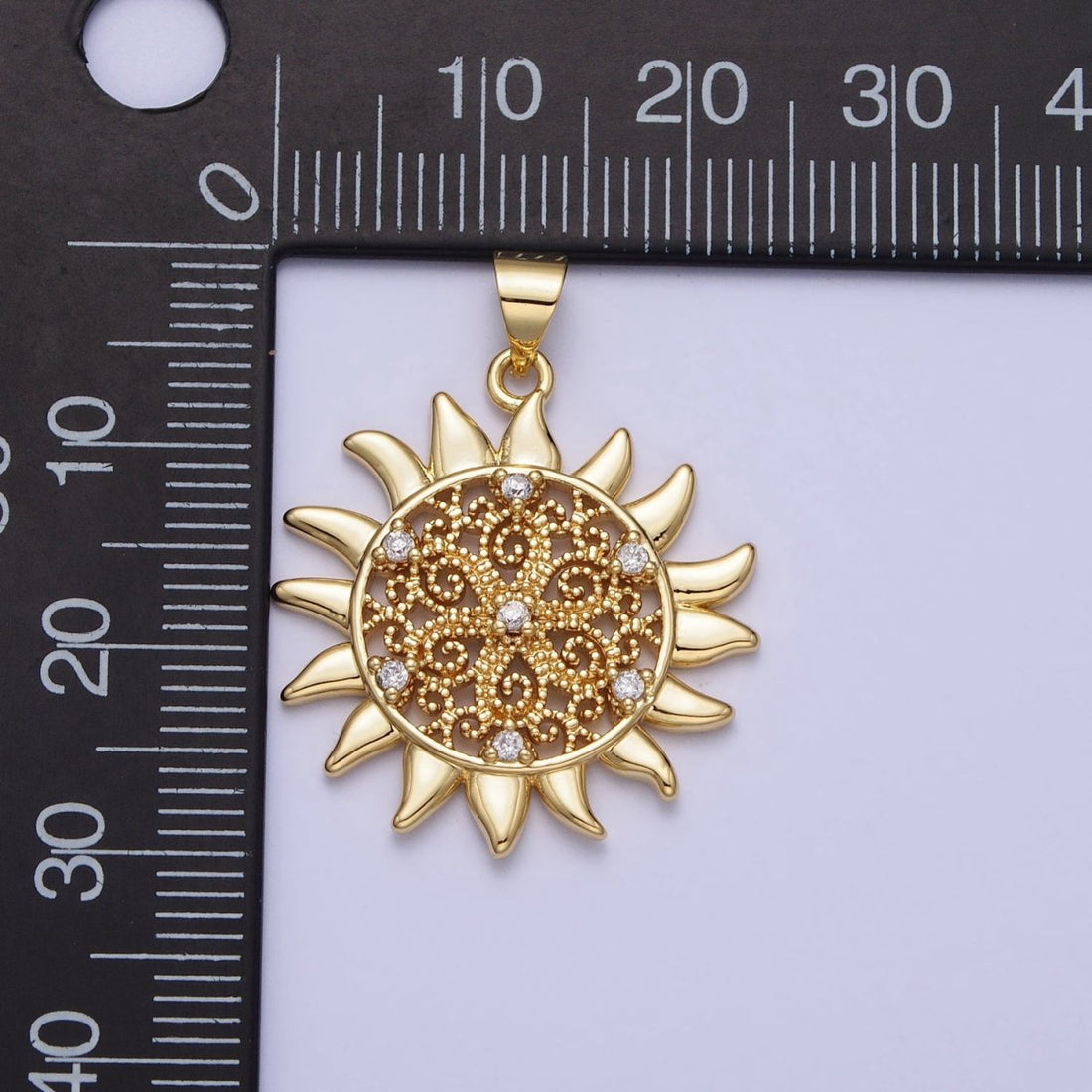 Gold Celestial Shinning Sun Filigree Beaded Clear CZ Pendant | AA157