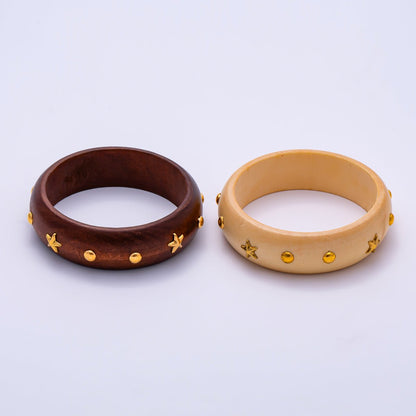 Gold Celestial Star Round Dotted Studded Wood Bangle Bracelet | WA-04329 WA-04330