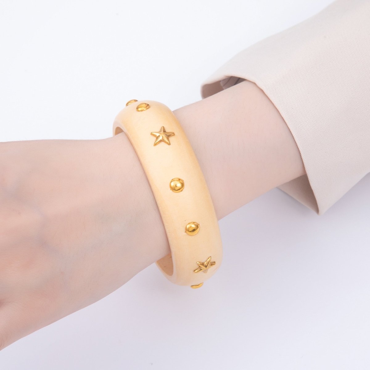 Gold Celestial Star Round Dotted Studded Wood Bangle Bracelet | WA-04329 WA-04330