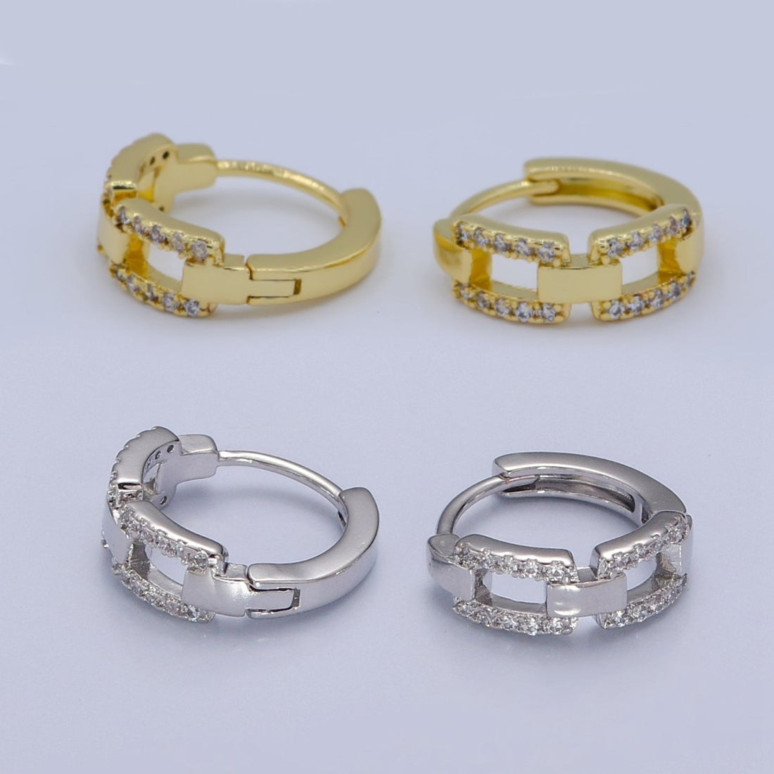 Gold Chain Huggie Hoop Earrings, Gold Chain Link Earrings Pave Chain Shape Hoop Earring T-398 V-130