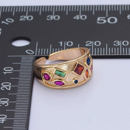 Gold Chunky Gemstone Ring Multi Color CZ Stone Dome Ring Adjustable O-738