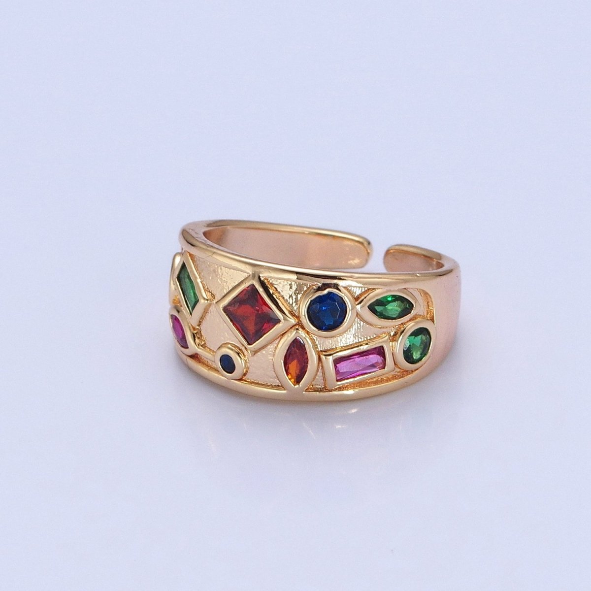 Gold Chunky Gemstone Ring Multi Color CZ Stone Dome Ring Adjustable O-738