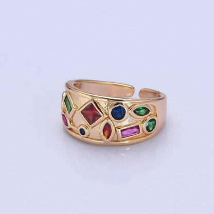 Gold Chunky Gemstone Ring Multi Color CZ Stone Dome Ring Adjustable O-738