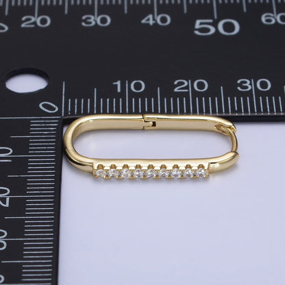 Gold Clear Micro Paved CZ Lined Oblong Hoop Earrings | AB427
