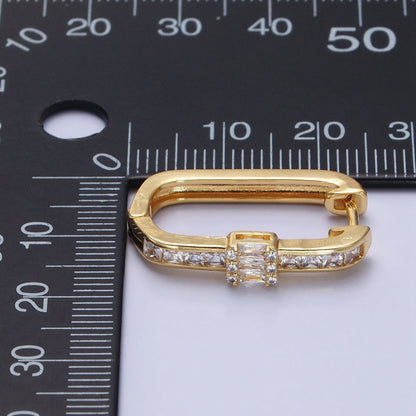 Gold Clear Round Baguette CZ Lined Oblong U-Shaped Hoop Earrings | AB375