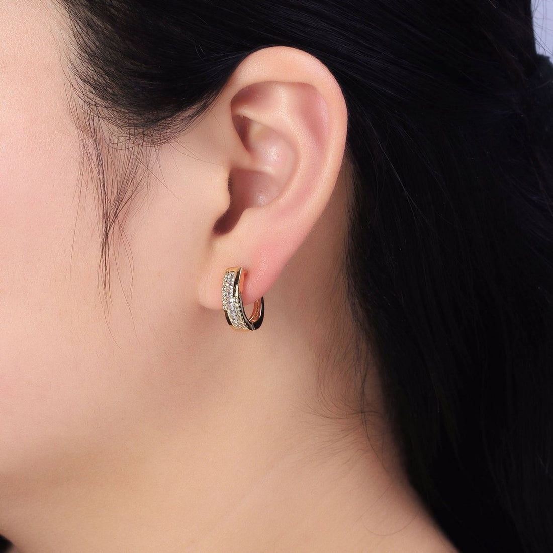 Gold Clear Square Lined Micro Paved CZ English Lock Earrings | AB391