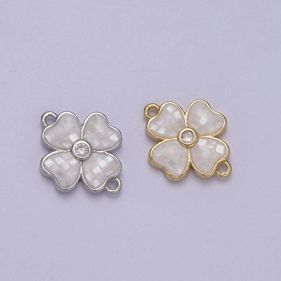 Gold Clover Charm Connector Silver White Shell Lucky Flower Leaf Shaped Connector with 2 Hole - Jewelry Supplies F-705 F-706