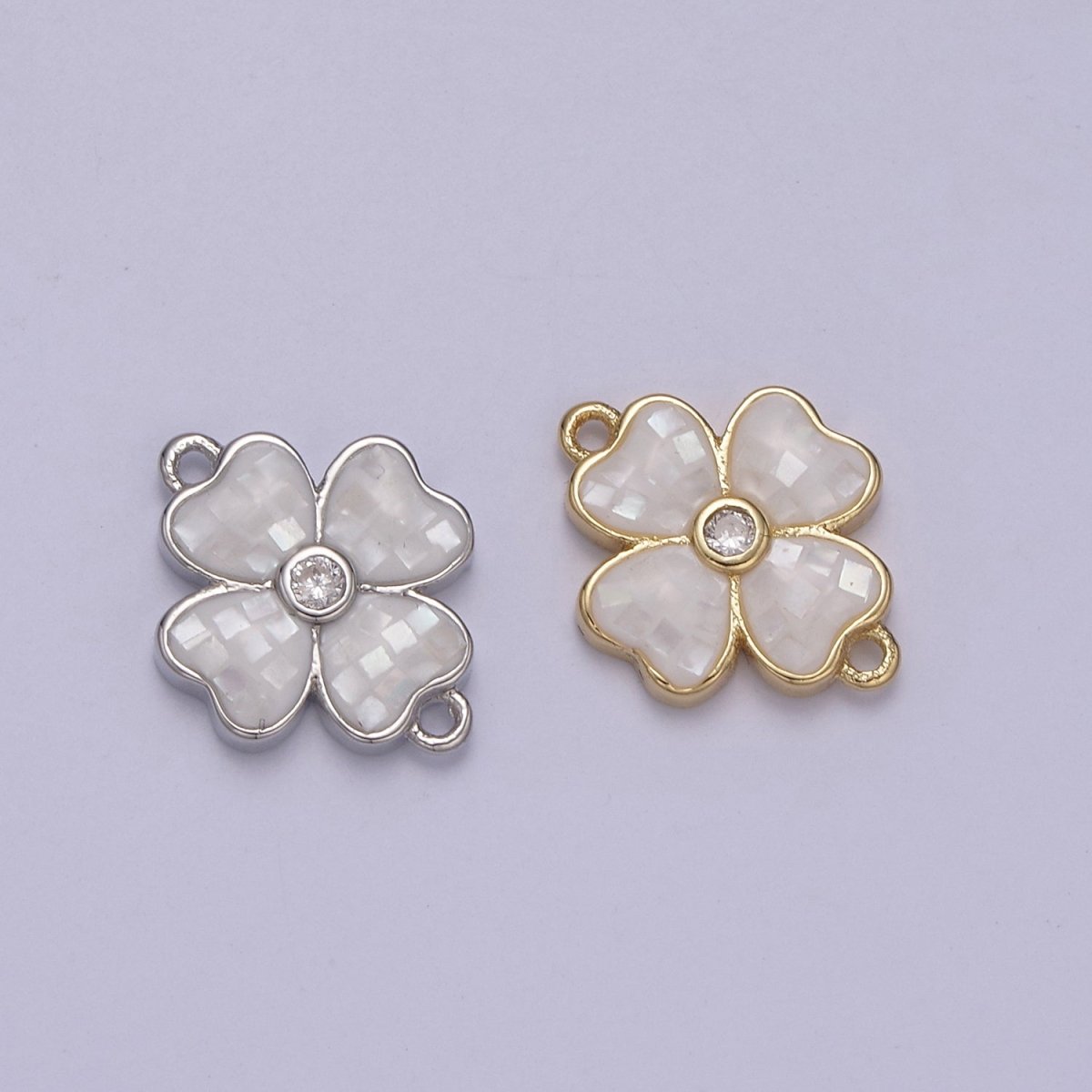 Gold Clover Charm Connector Silver White Shell Lucky Flower Leaf Shaped Connector with 2 Hole - Jewelry Supplies F-705 F-706