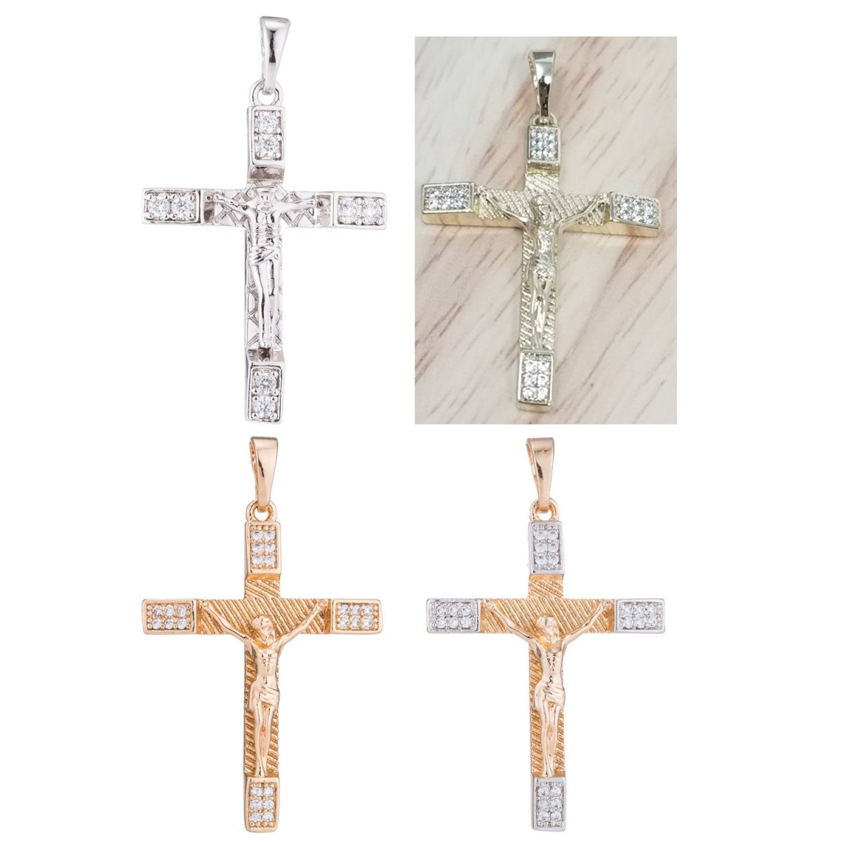 Gold Cross Cubic Zirconia Jesus Christ Crucifix Cross Pendant Charm for Jewelry Making Supplies Findings H-121