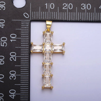 Gold Cross Pendant with Emerald Cut CZ Diamond for Religious Jewelry Charm AA255