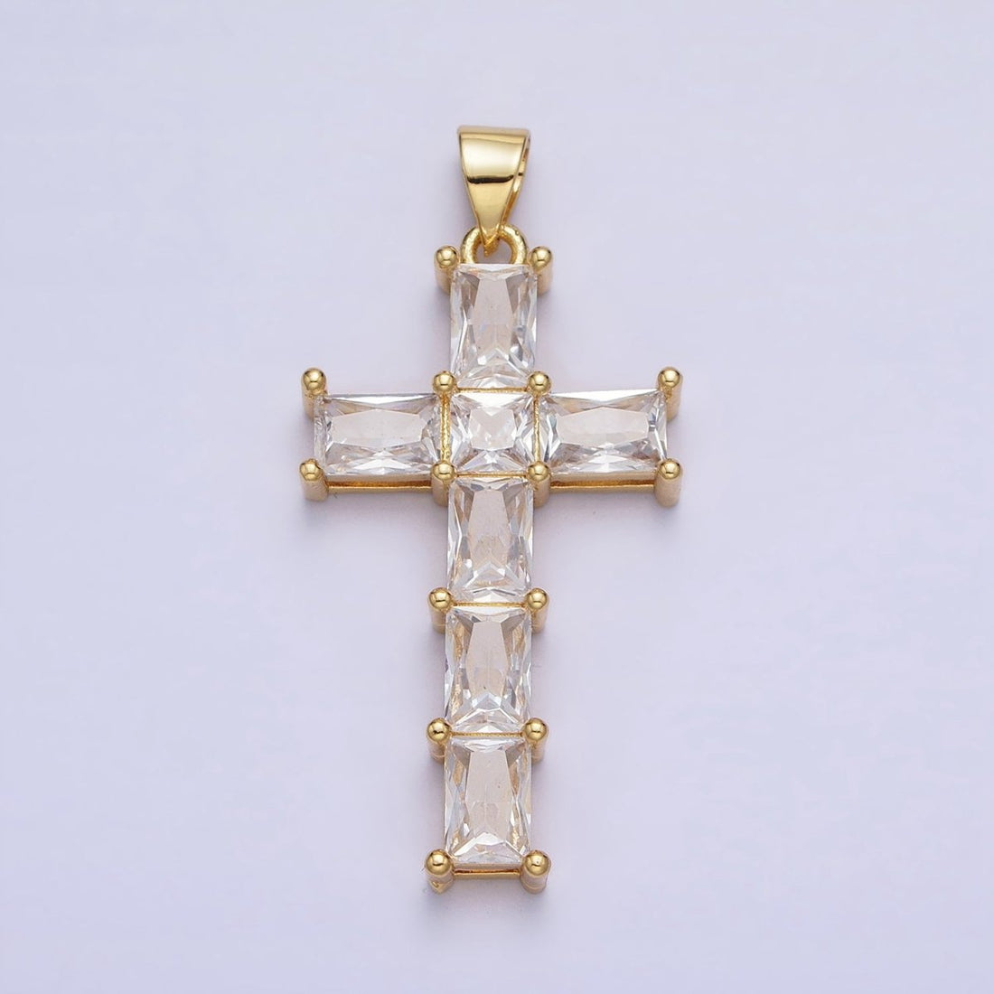 Gold Cross Pendant with Emerald Cut CZ Diamond for Religious Jewelry Charm AA255