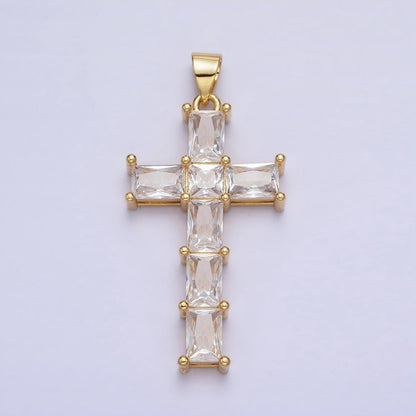 Gold Cross Pendant with Emerald Cut CZ Diamond for Religious Jewelry Charm AA255