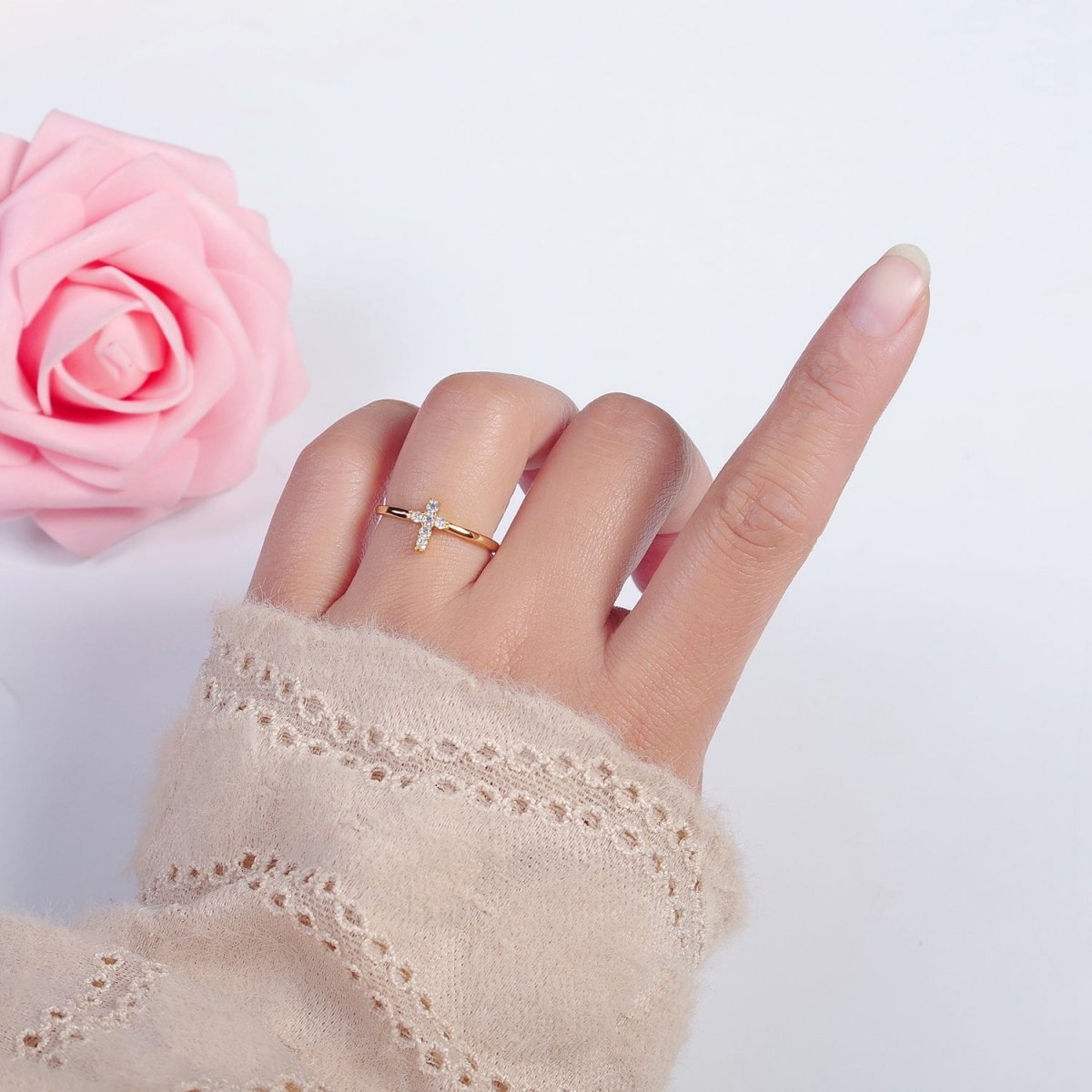 Gold Cross Ring Stacking 14K Gold Filled Ring CZ Dainty Cross Ring O-2140