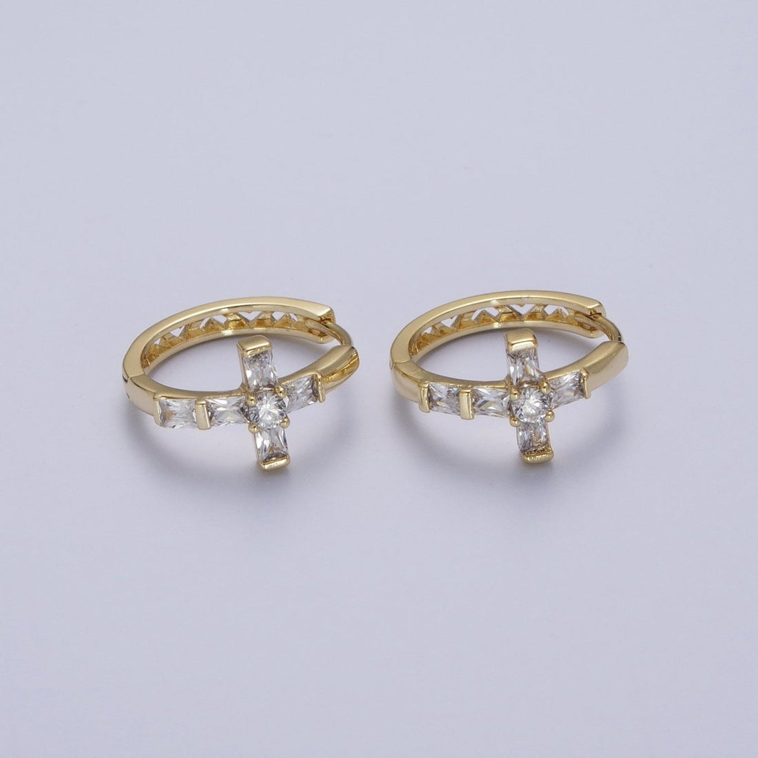 Gold Cubic Cross Huggie Earring Religious Hoop Earring Jewelry AD-049