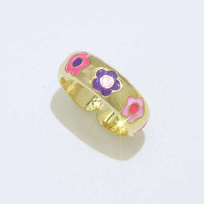 Gold Daisy Enamel Open Adjustable Ring Minimalist Jewelry Stackable Midi Ring S-021 ~ S-030