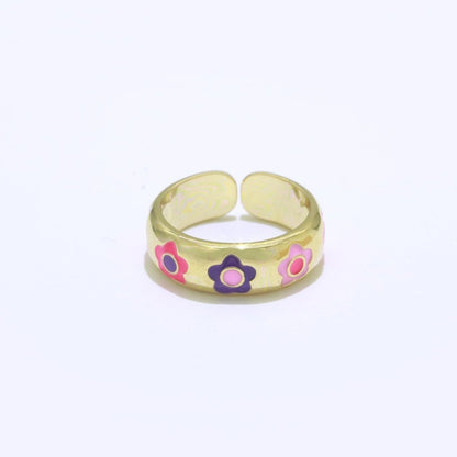 Gold Daisy Enamel Open Adjustable Ring Minimalist Jewelry Stackable Midi Ring S-021 ~ S-030