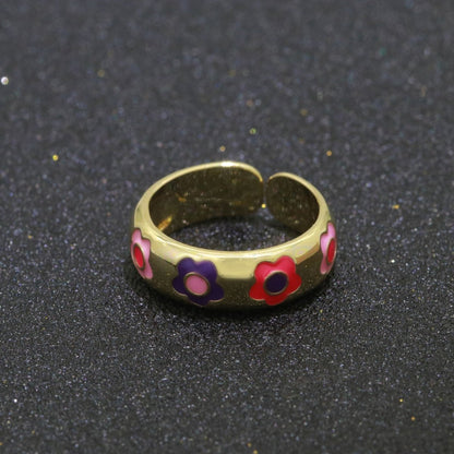 Gold Daisy Enamel Open Adjustable Ring Minimalist Jewelry Stackable Midi Ring S-021 ~ S-030