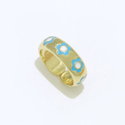 Gold Daisy Enamel Open Adjustable Ring Minimalist Jewelry Stackable Midi Ring S-021 ~ S-030