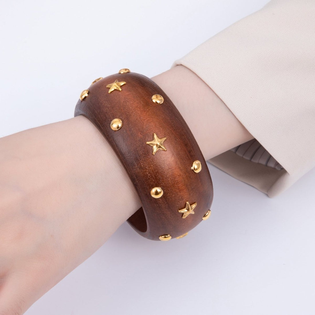 Gold Dotted Studded Round Celestial Star Wood Wide Bangle Bracelet in Brown, Light Brown, Black | WA-04293 ~ WA-04295