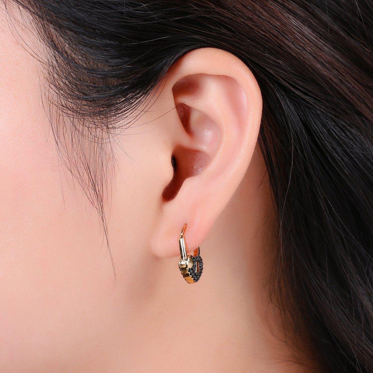 Gold earrings with Cz padlock charm, Heart Lock Charm Gold Mini Hoops Micro Pave Czl Hoops Minimalist and everyday use hoops K-627 - K-632