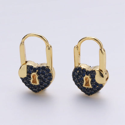 Gold earrings with Cz padlock charm, Heart Lock Charm Gold Mini Hoops Micro Pave Czl Hoops Minimalist and everyday use hoops K-627 - K-632