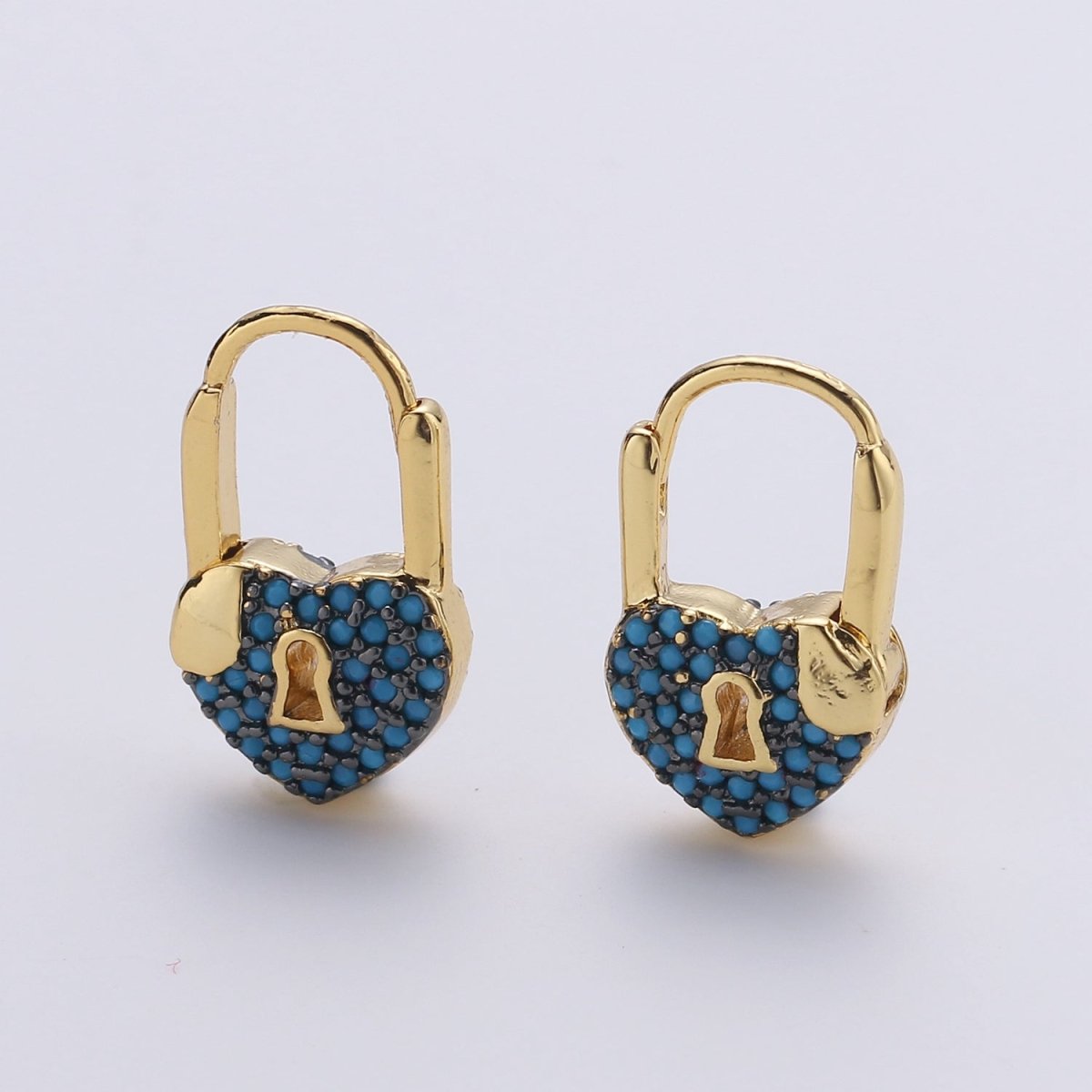 Gold earrings with Cz padlock charm, Heart Lock Charm Gold Mini Hoops Micro Pave Czl Hoops Minimalist and everyday use hoops K-627 - K-632