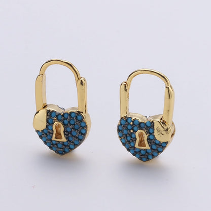 Gold earrings with Cz padlock charm, Heart Lock Charm Gold Mini Hoops Micro Pave Czl Hoops Minimalist and everyday use hoops K-627 - K-632