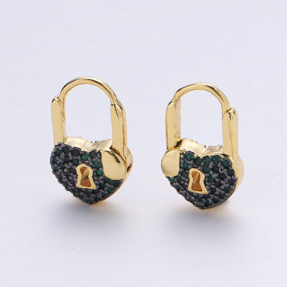Gold earrings with Cz padlock charm, Heart Lock Charm Gold Mini Hoops Micro Pave Czl Hoops Minimalist and everyday use hoops K-627 - K-632