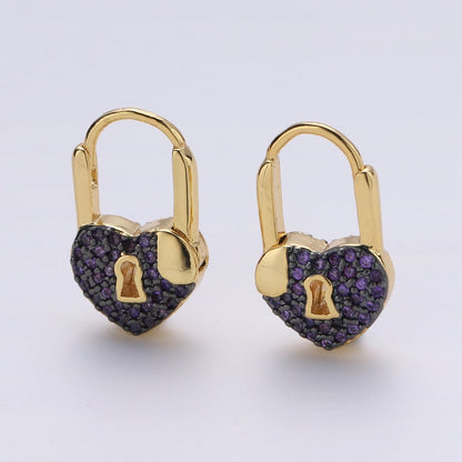 Gold earrings with Cz padlock charm, Heart Lock Charm Gold Mini Hoops Micro Pave Czl Hoops Minimalist and everyday use hoops K-627 - K-632