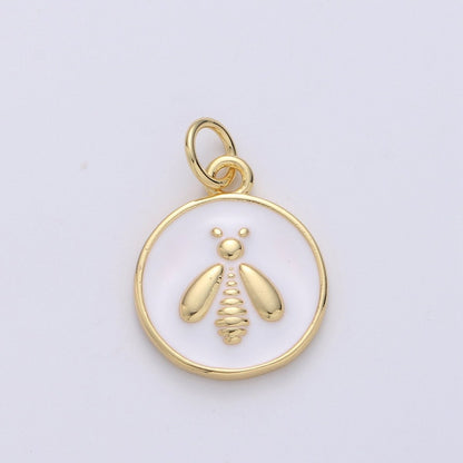 OS Gold Enamel Bee Charms, White Enamel Bee, Gold Cubic Bee charm in Round DIsc Charm Medallion for Necklace Dainty Bumbell bee charm D-548