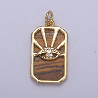 Gold Evil Eye Charm Necklace, Tiger Eye, Abalone, Pearl Evil Eye Charm Necklace, Rectangle Evil Eye Charm, Evil Eye Tag, Square Evil Eye Charm, Eye of Ra N-774 - N-776