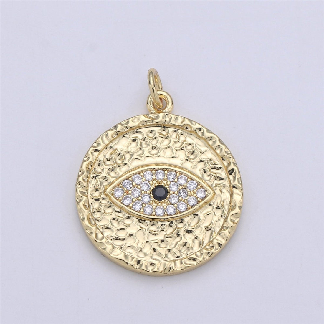 Gold Evil Eye Textured Coin Charm, 27mmX21mm Micro Pave Coin Charm CZ Coin, Eye of Ra Drop Pendant, Rugged Coin Medallion Charm, C-913