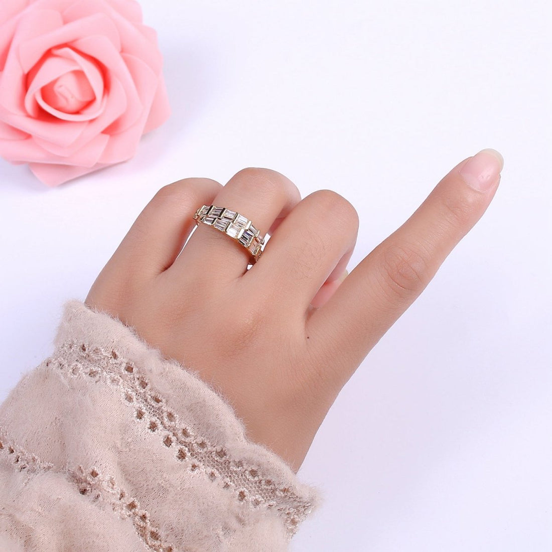 Gold Filled Baguette CZ Stacking Ring, Wrap Baguette Eternity Ring, Gold Stackable Ring Clear Minimalist Ring U-128