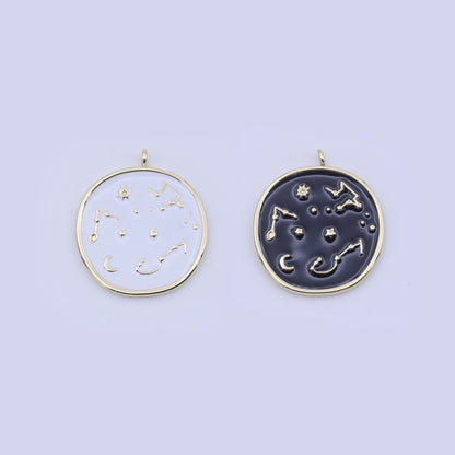 14K Gold Filled 30mm White, Black Enamel Constellation Star Celestial Round Charm | H274 H277