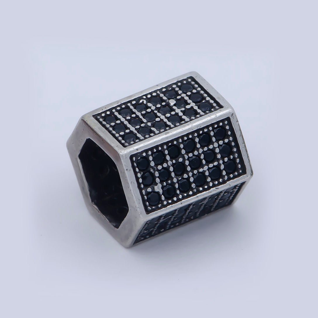 Gold Filled Black Micro Paved Hexagonal Spacer Bead in Antique Gold, Rose Gold &amp; Silver | B-019