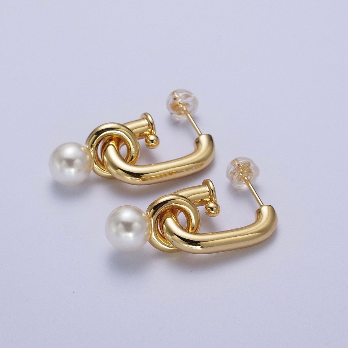 Gold Filled Boxy J-Shaped Round Pearl Drop Hoop Earrings in Gold &amp; Silver | AD-260-AD-261
