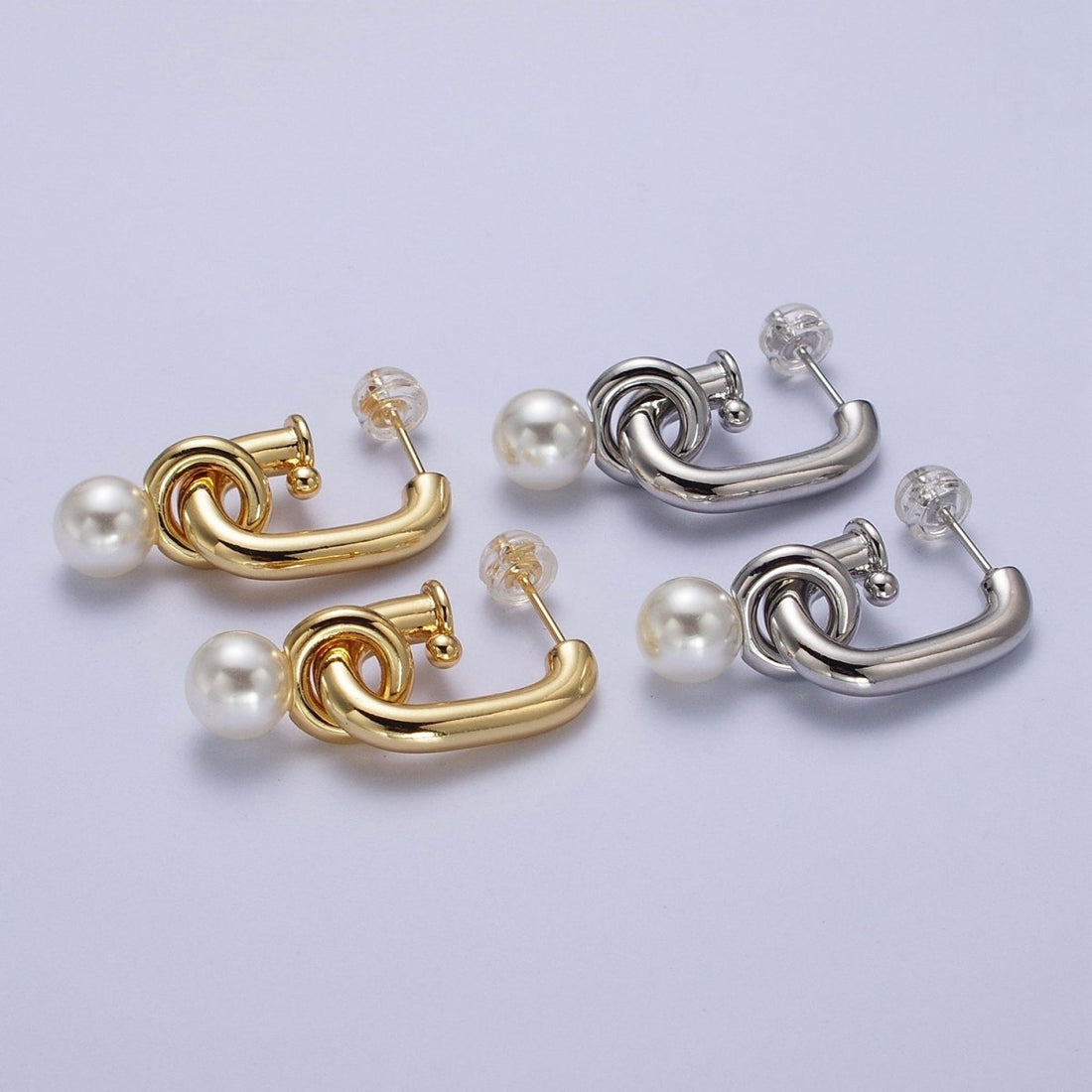Gold Filled Boxy J-Shaped Round Pearl Drop Hoop Earrings in Gold &amp; Silver | AD-260-AD-261