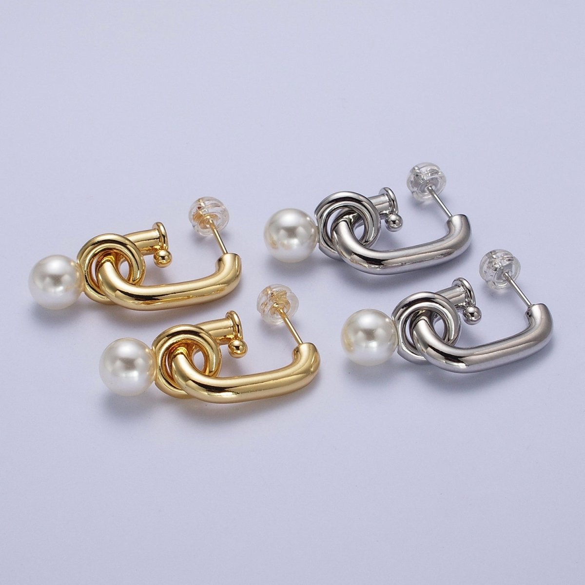 Gold Filled Boxy J-Shaped Round Pearl Drop Hoop Earrings in Gold &amp; Silver | AD-260-AD-261