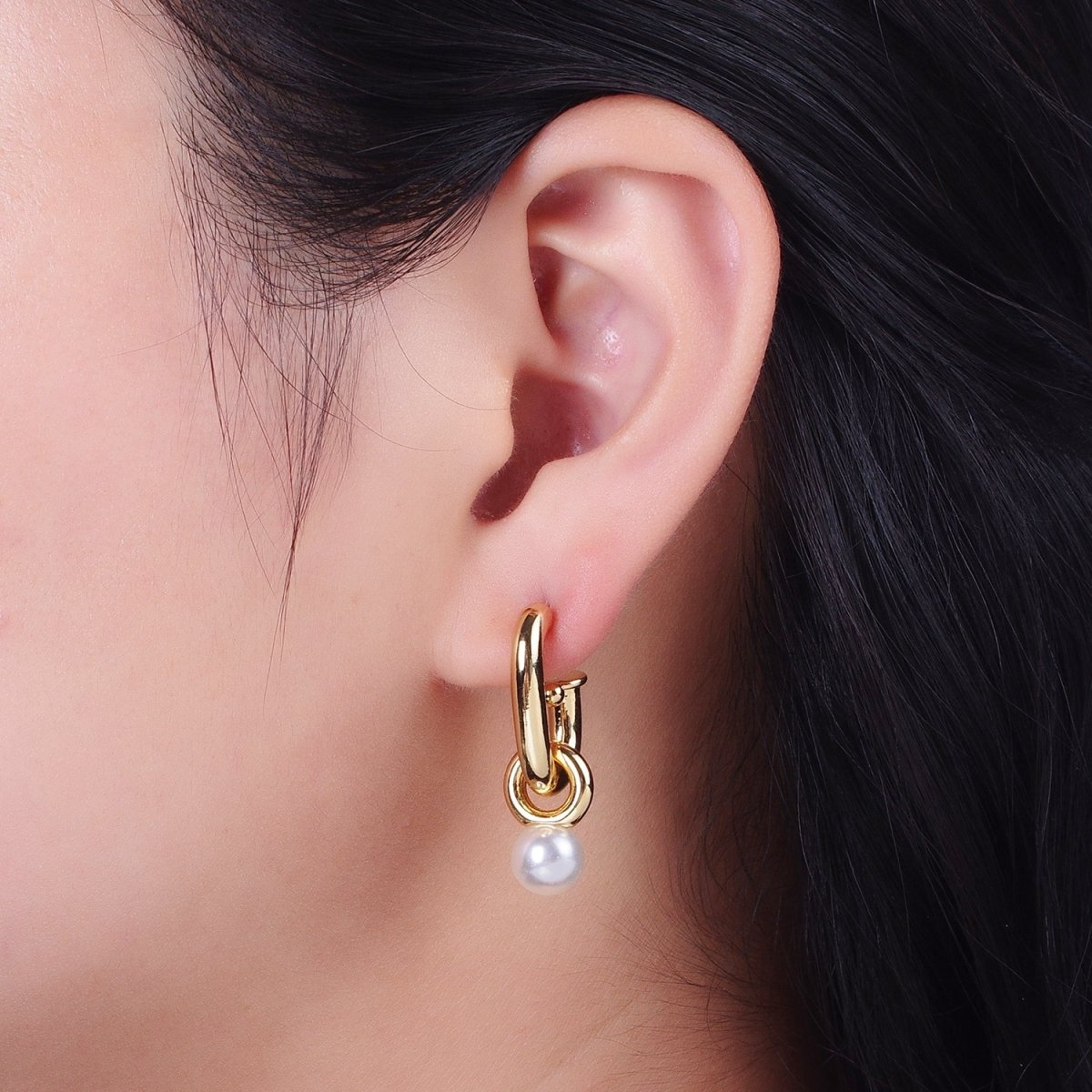 Gold Filled Boxy J-Shaped Round Pearl Drop Hoop Earrings in Gold &amp; Silver | AD-260-AD-261