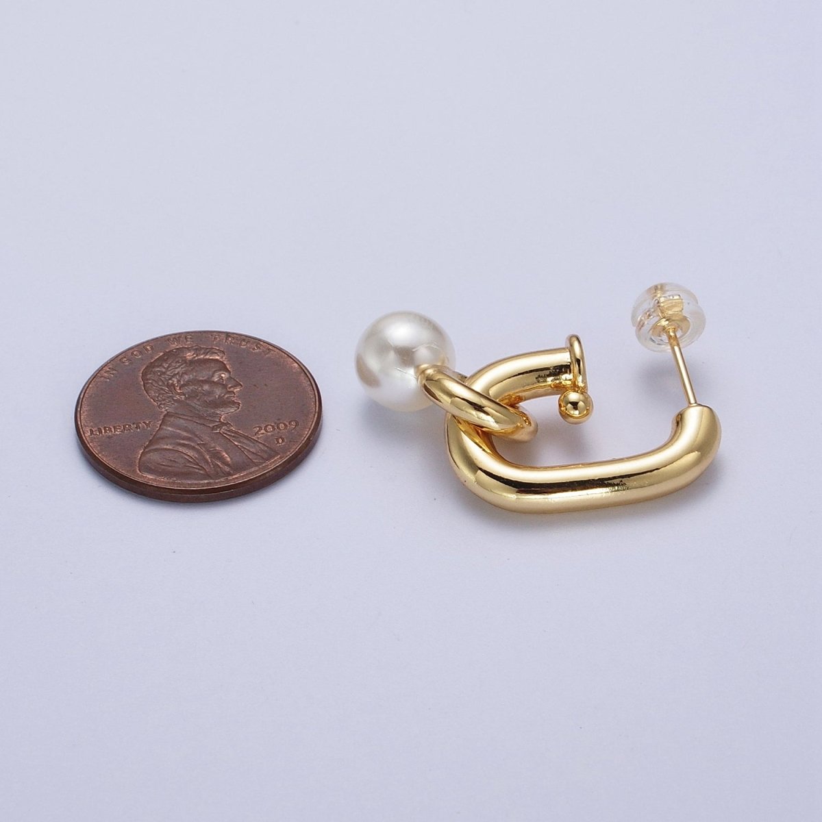 Gold Filled Boxy J-Shaped Round Pearl Drop Hoop Earrings in Gold &amp; Silver | AD-260-AD-261