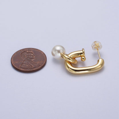 Gold Filled Boxy J-Shaped Round Pearl Drop Hoop Earrings in Gold &amp; Silver | AD-260-AD-261