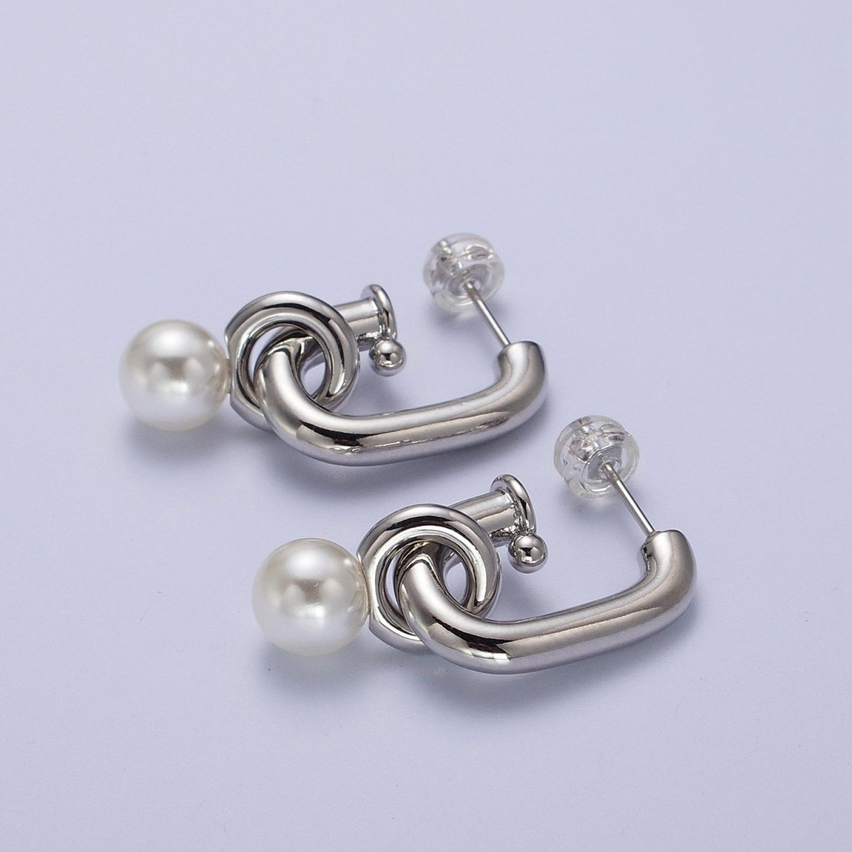 Gold Filled Boxy J-Shaped Round Pearl Drop Hoop Earrings in Gold &amp; Silver | AD-260-AD-261